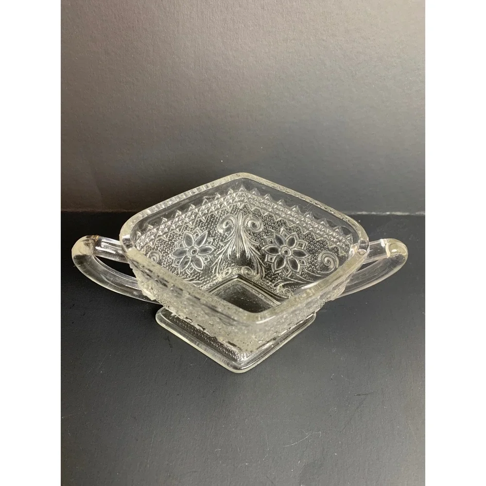 Vintage Clear Pressed Glass Sugar Bowl Diamond Point Floral Scroll Double Handle